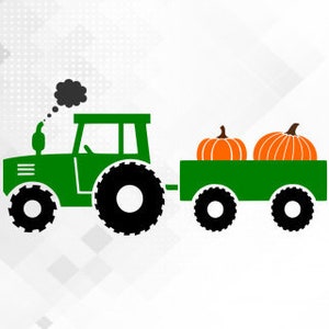 May include: A green tractor with a black smoke plume pulls a green wagon carrying two orange pumpkins.