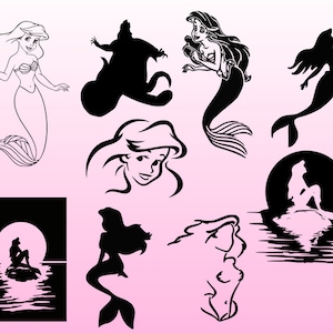 Paquete SVG de La Sirenita, Ariel SVG, archivos PNG EPS para silueta, archivos SVG para archivos de corte láser Cricut