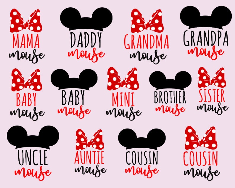 May include: A set of 10 printable designs featuring a red and white polka dot bow and the text "[family member] mouse" in black. The family members include: Mama, Daddy, Grandma, Grandpa, Baby, Mini, Brother, Sister, Uncle, and Cousin.