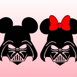 May include: Two black and white silhouette images of Mickey Mouse ears with a Darth Vader mask. The female image has a red bow on top of the ears.