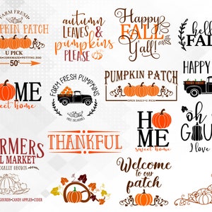 Könnte beinhalten: Eine Sammlung von 12 Herbst-SVG-Designs mit Kürbissen, Kürbissen, Blättern und Lastwagen. Die Designs beinhalten Sätze wie "Happy Fall Y'all", "Home Sweet Home", "Oh My Gourd" und "Farmers Fall Market".