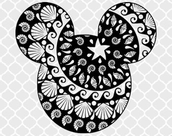 Mickey Zentangle svg Mandala wall art Seashells clipart Mickey Mouse ears Summer holidays Party decor Eps, svg, png Cricut Silhouette