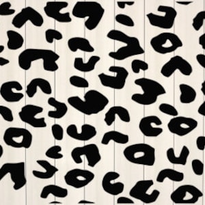 May include: Black and white leopard print pattern. The pattern is repeated on a white background.