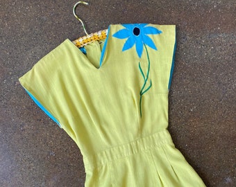 1940s Chartreuse Playsuit Romper with Electric Blue Floral Appliqué and AMAZING Vintage Details !!!