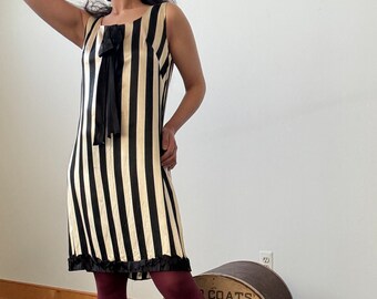 Vintage 1960s Black and White Striped Satin Dress - As Is