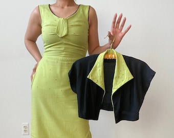 Vintage 1940s Dress Lime Green and Black Linen w Rhinestones and Bolero Jacket ~ 2 pc ~ Size S-M