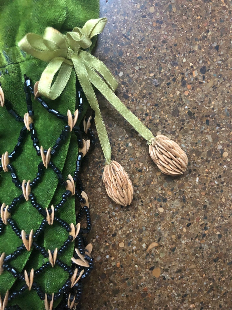 Rare Antique 1800s Melon Seed Embroidery Green Velvet Reticule Purse ~ Unusual Victorian Gothic Witchy Bag