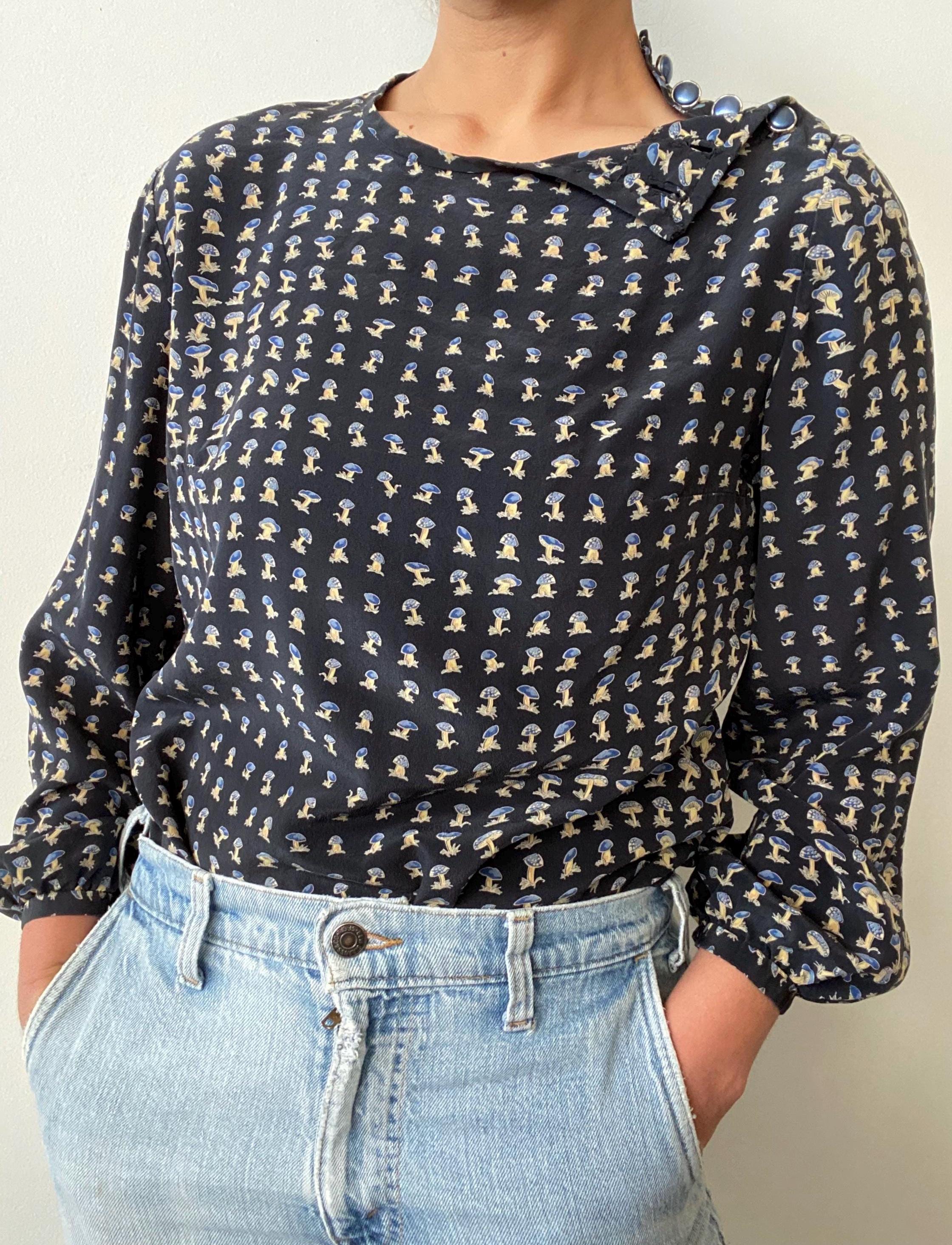 Vintage Black Silk Shirt with Mushroom Novelty Print