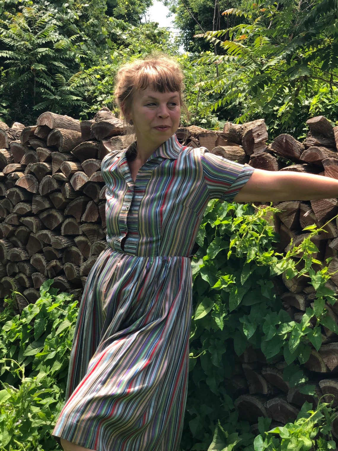 1950s Rainbow Stripe Belted Cotton Dress | XS/S