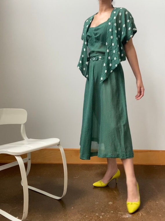 Vintage 1940s 1950s Gorgeous Green Polka Dot 3-pc… - image 3