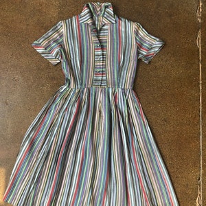 Vintage Rainbow Dress 1940s 1950s Satin Ribbon Stripes 28Waist image 1