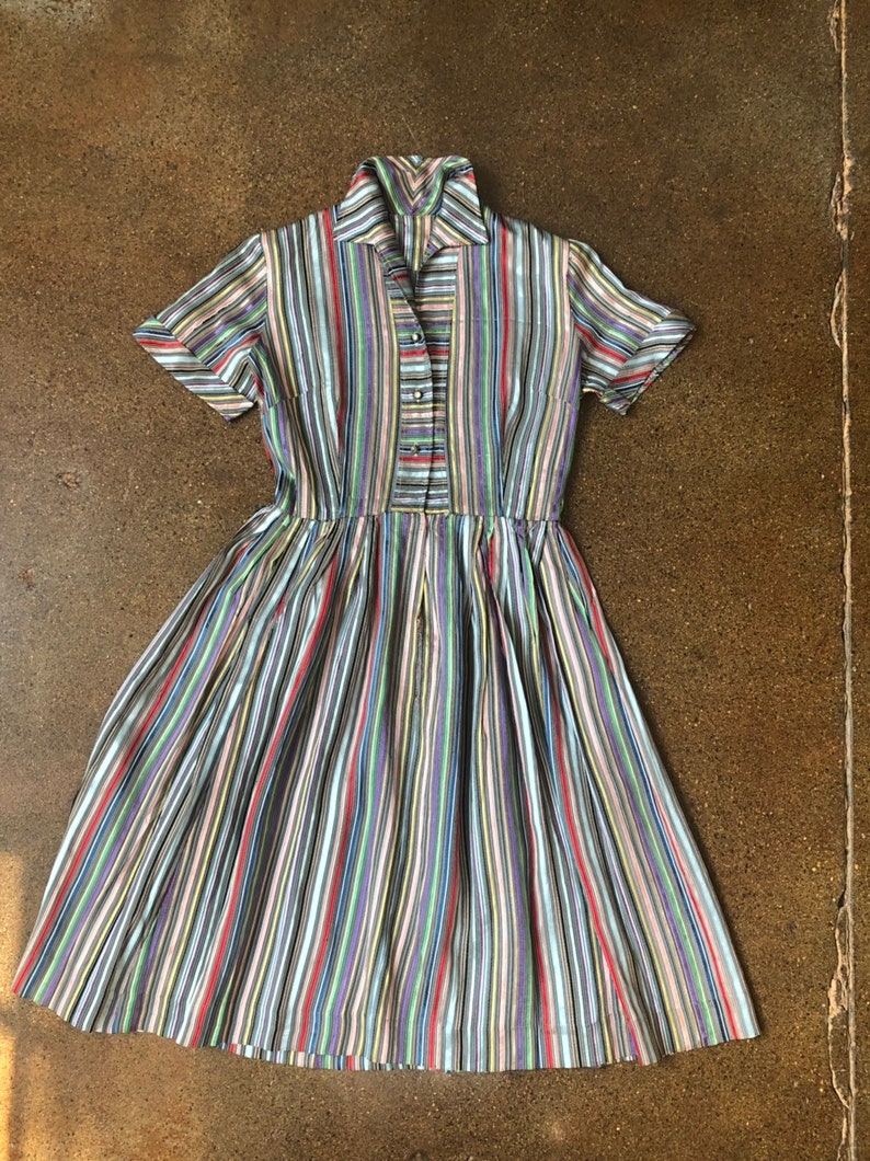 Vintage Rainbow Dress 1940s 1950s Satin Ribbon Stripes 28Waist image 1
