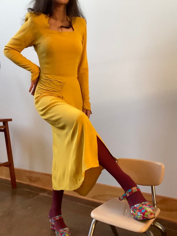 Vintage 1940s Yellow Crepe Rayon Dress