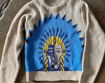 Unusual 1950s Vintage Novelty Knit Sweater w Sunburst Face and Spiritual Vibes ~ XXS Small Unisex Kids Clothing ~ 1960s 1970s ?