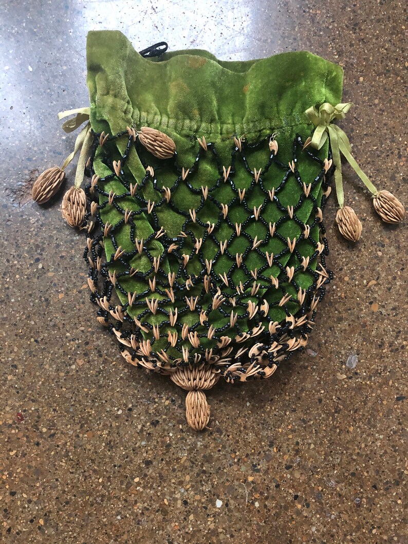 Rare Antique 1800s Melon Seed Embroidery Green Velvet Reticule Purse ~ Unusual Victorian Gothic Witchy Bag