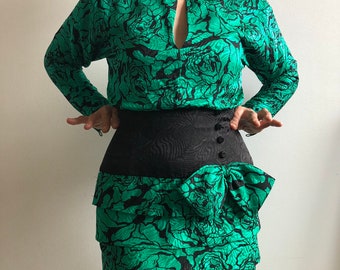 1980s Green Silk Dress with Oversized Bow and Open Back