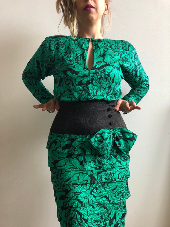 1980s Green Silk Dress with Oversized Bow and Open