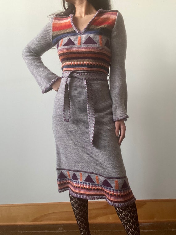 1970s Young Edwardian Geometric Novelty Knit Dress