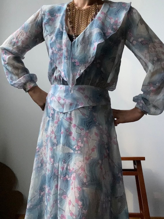 1970s Chiffon  Dress ~ 70s does Art Deco ~ Size Small
