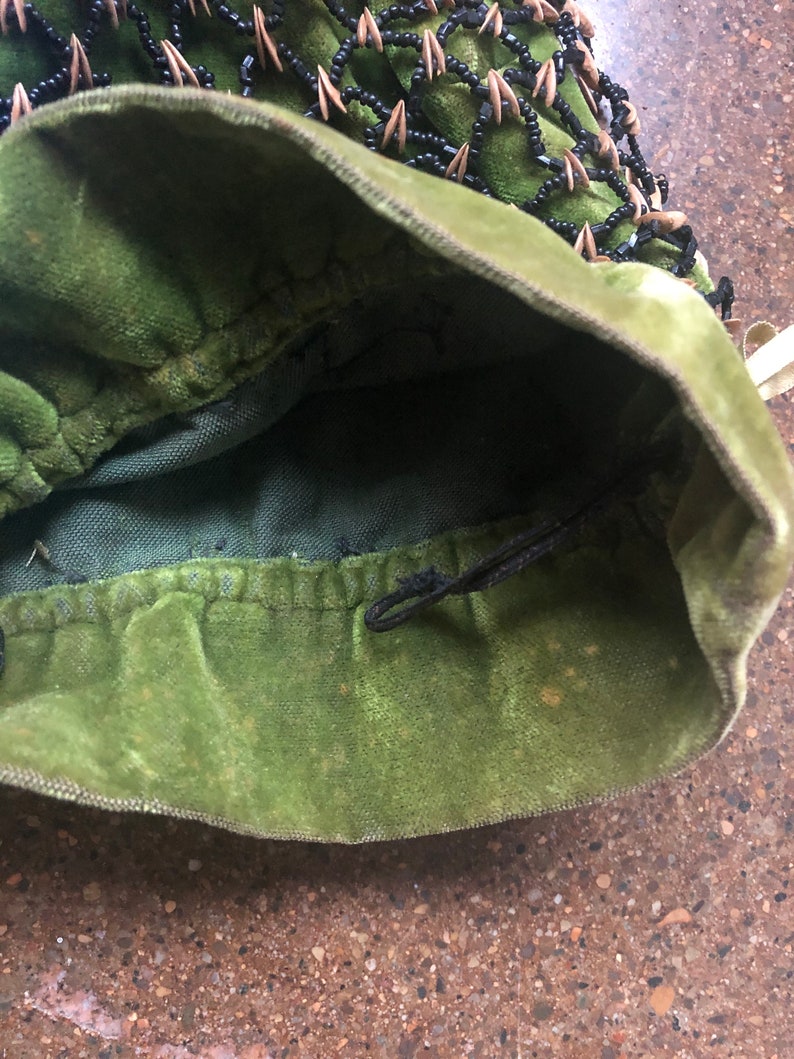 Rare Antique 1800s Melon Seed Embroidery Green Velvet Reticule Purse ~ Unusual Victorian Gothic Witchy Bag