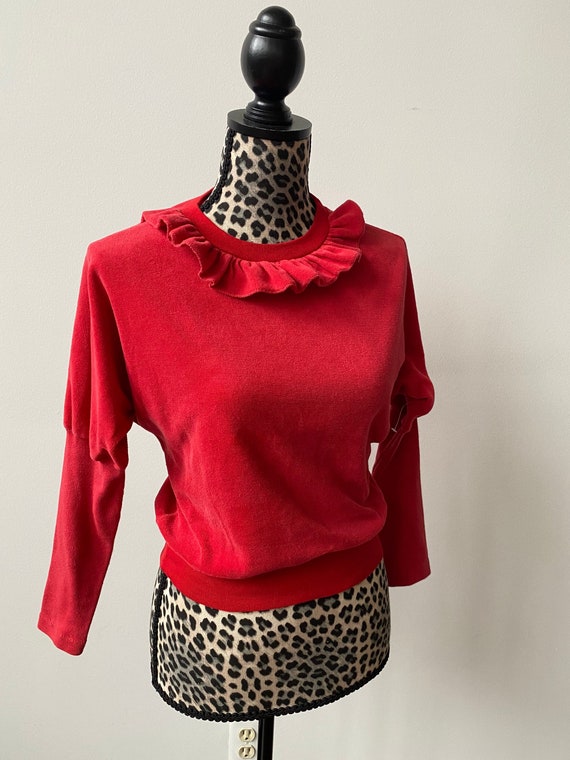 CLOSEOUT SALE 1980s Red Velour Top with Pierrot C… - image 1