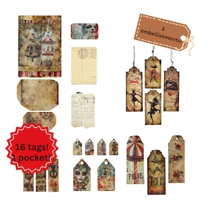 May include: A collection of vintage-style paper ephemera, including tags, pockets, and embellishments. The image features a variety of designs, such as circus performers, vintage postcards, and a clown face. The text on the red tag reads "16 tags! 1 pocket!"