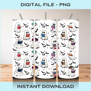 SJM Ghost Reading Halloween 20oz Tumbler Wrap - Halloween PNG - Digital Sublimation Design - Instant Download