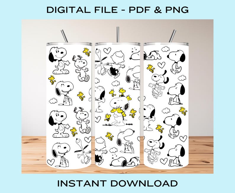 May include: Digital file - PDF & PNG. Instant download.  Three 20oz skinny tumbler designs featuring a black and white Peanuts pattern.  The pattern includes Snoopy, Woodstock, and other Peanuts characters on a white background.  The designs are ready to be printed on tumblers.