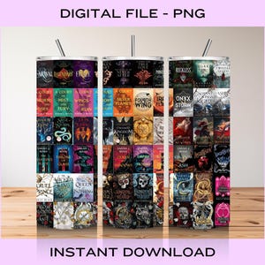 May include: Three stainless steel tumblers featuring a collage of book covers from the A Court of Thorns and Roses series by Sarah J. Maas. The tumblers are wrapped with images of the book covers, including titles such as "A Court of Mist and Fury", "A Court of Wings and Ruin", "A Court of Silver Flames", and "A Court of Thorns and Roses".