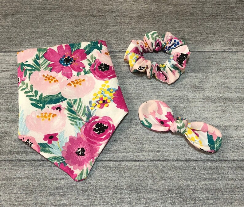 Pink Blooms Matching Scrunchie and Knot Hair Bow! Over the Collar Dog Bandana Dog Scarf