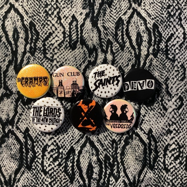 Shiny punk rock pinback buttons