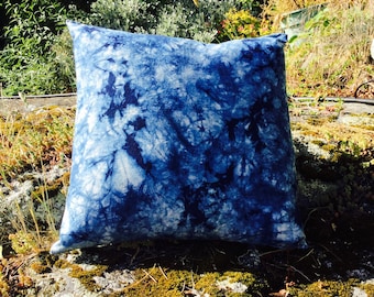 Batik Shibori Pillow in Navy Blue and White Large Scale Floral and Foliage with Herringbone Reverse Folbert Navy