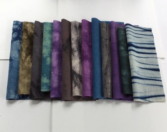 Lot de 12 tissus teintés naturels, lot de 12, patchwork à points lents, tissus shibori teints à la main à faire soi-même, BORO, coton 12 pièces
