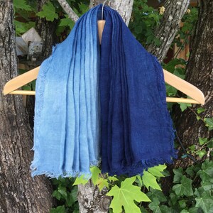 Gradient Indigo blue Scarf Shibori dyed Unisex scarves Natural plant dyes/ Hand dyed ,Soft linen 230X70cm91x28in image 5