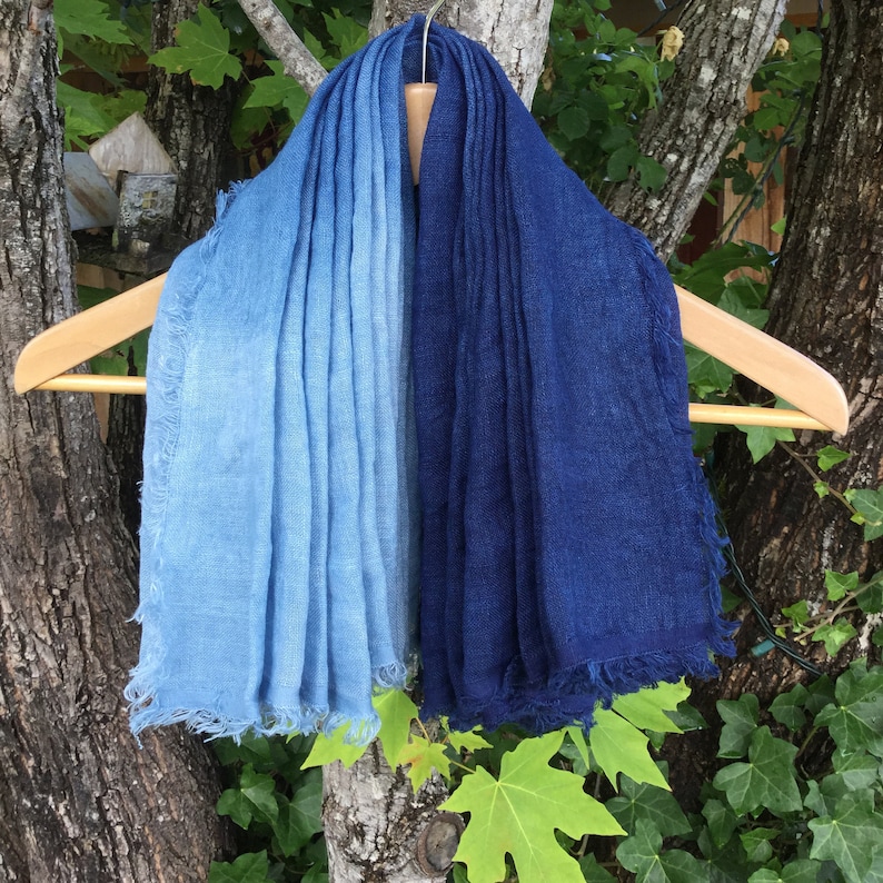 Gradient Indigo blue Scarf Shibori dyed Unisex scarves Natural plant dyes/ Hand dyed ,Soft linen 230X70cm91x28in image 5