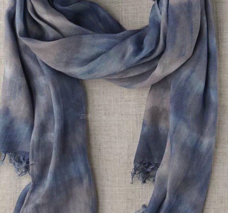 Indigo und Gallnüsse färben Schal / Schal, Shibori Schal, Handfärbung, Unisex, schönes Muster, weiches Leinen 180x75cm71x30in Bild 2