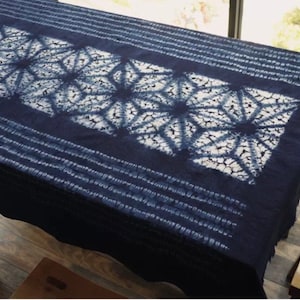 Indigo Table cloth ,Shibori table sheet, indigo Tablecloth，Indigo Table cover ，Bed Runner，Natural hand dyed， Cotton ，65 x 46 in