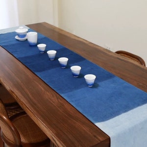 Gradient Indigo table runner , Shibori table runner,Natural hand dyed/ Plant dyes ，linen, 35X200cm, 35x220cm