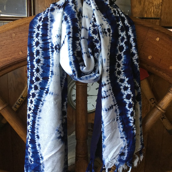 Indigo Scarf/Shawl ,Shibori Scarf , Hand Sewn then Dye, Beautiful Pattern,  viscose 210x90cm(83x36in)