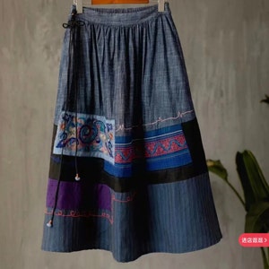 Skirt，Patchwork skirt，Indigo fabric ，Hand Embroidery，Quality linen material，Japanese style skirt