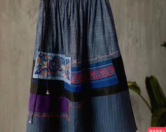 Skirt，Patchwork skirt，Indigo fabric ，Hand Embroidery，Quality linen material，Japanese style skirt