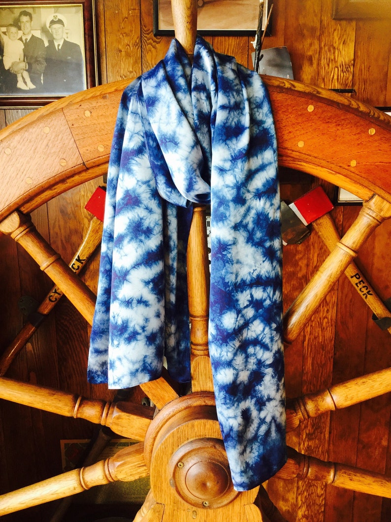 Indigo tie dye scarf, shibori , natural plant dyes, Indigo Hand Dyed , 16mm heavy Mulberry Silk Scarf. 79x20 in 200x50cm image 1