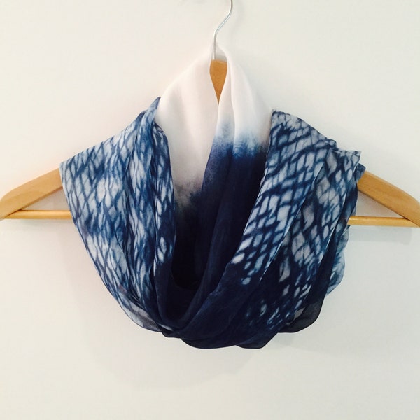 Shibori Blue Scarf，Indigo Hand Dyed scarf， Mulberry Silk blue Scarf，Wearable Art Scarf. 200cmx65cm.