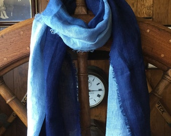 Gradient Indigo blue Scarf - Shibori dyed Unisex scarves - Natural plant dyes/ Hand dyed ,Soft linen 230X70cm(91x28in)