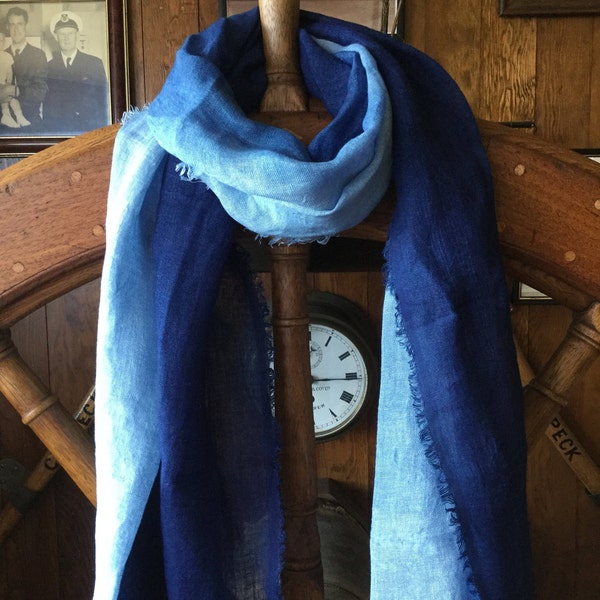 Gradient Indigo blue Scarf - Shibori dyed Unisex scarves - Natural plant dyes/ Hand dyed ,Soft linen 230X70cm(91x28in)