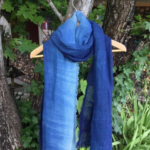 Gradient Indigo blue Scarf Shibori dyed Unisex scarves Natural plant dyes/ Hand dyed ,Soft linen 230X70cm91x28in image 4