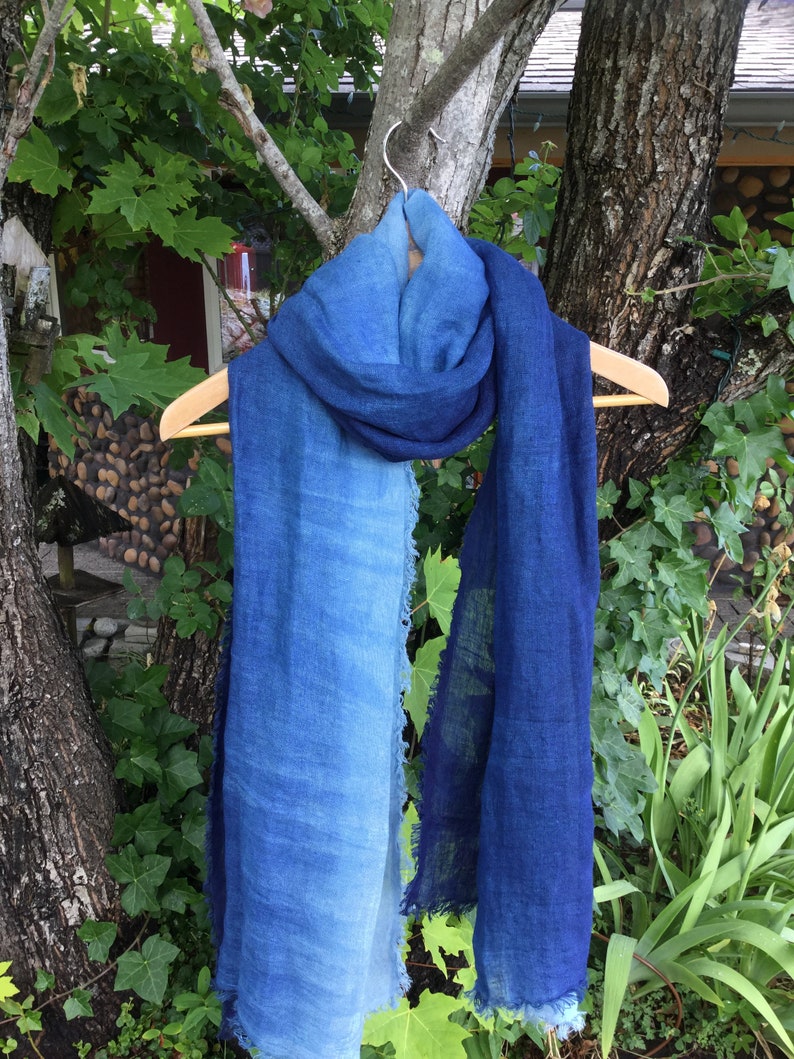 Gradient Indigo blue Scarf Shibori dyed Unisex scarves Natural plant dyes/ Hand dyed ,Soft linen 230X70cm91x28in image 4