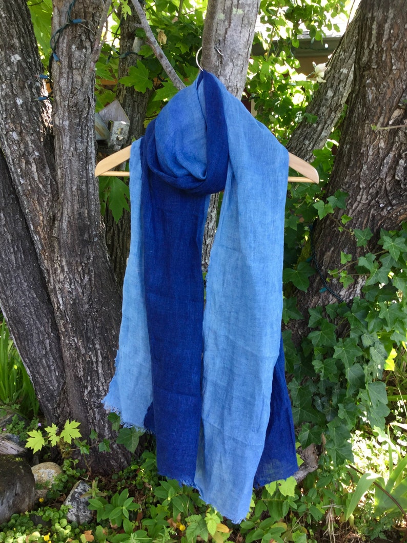 Gradient Indigo blue Scarf Shibori dyed Unisex scarves Natural plant dyes/ Hand dyed ,Soft linen 230X70cm91x28in image 3