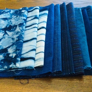 Hand Dyed Indigo fabric ，A Pack of 10 Pieces ，Hand-woven fabric，Shibori Fabric Pack Bundle, Boro, For Do It Yourself ,Slow Stitch Patchwork