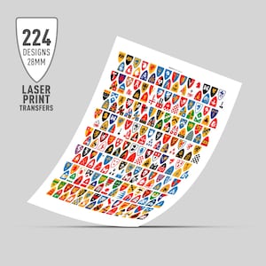 May include: A sheet of 224 laser print transfers featuring colourful heraldic shields, each measuring 28 mm in diameter. The shields are arranged in rows and columns on a white background.